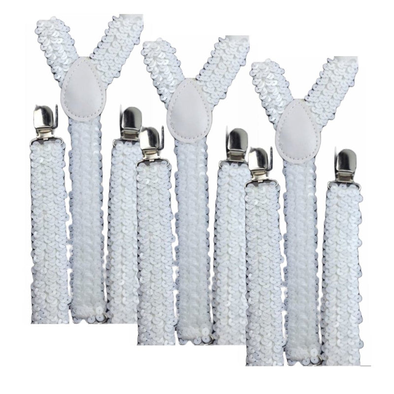 3x Mens Suspenders Braces Adjustable Strong Clip On Elastic Formal Wedding Slim - White (Sequin) - NuSea