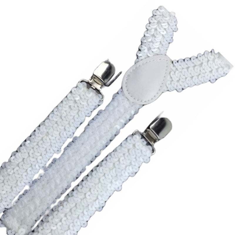 3x Mens Suspenders Braces Adjustable Strong Clip On Elastic Formal Wedding Slim - White (Sequin) - NuSea