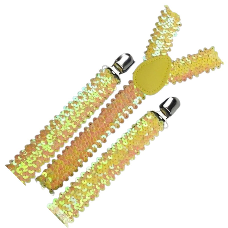 3x Mens Suspenders Braces Adjustable Strong Clip On Elastic Formal Wedding Slim - Yellow (Sequin) - NuSea