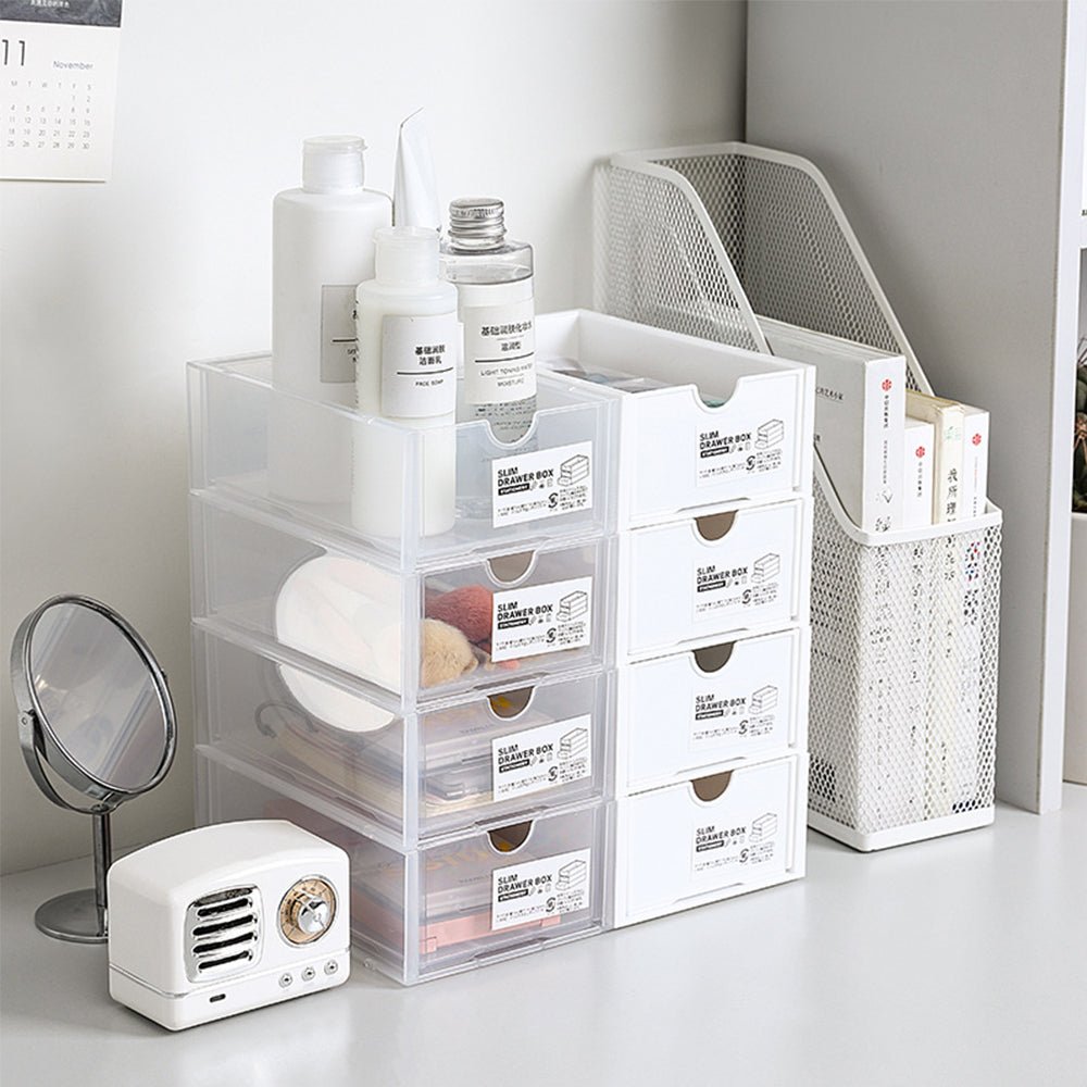 4 Pcs Set Stackable Desktop storage Box Drawer Transparent Plastic Stationery Cosmetic Organizer Box(Clear) - NuSea