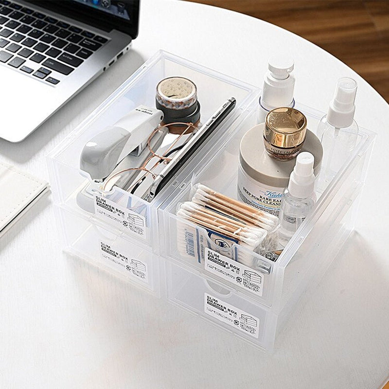 4 Pcs Set Stackable Desktop storage Box Drawer Transparent Plastic Stationery Cosmetic Organizer Box(Clear) - NuSea
