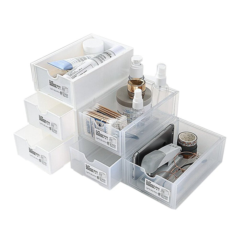 4 Pcs Set Stackable Desktop storage Box Drawer Transparent Plastic Stationery Cosmetic Organizer Box(White) - NuSea