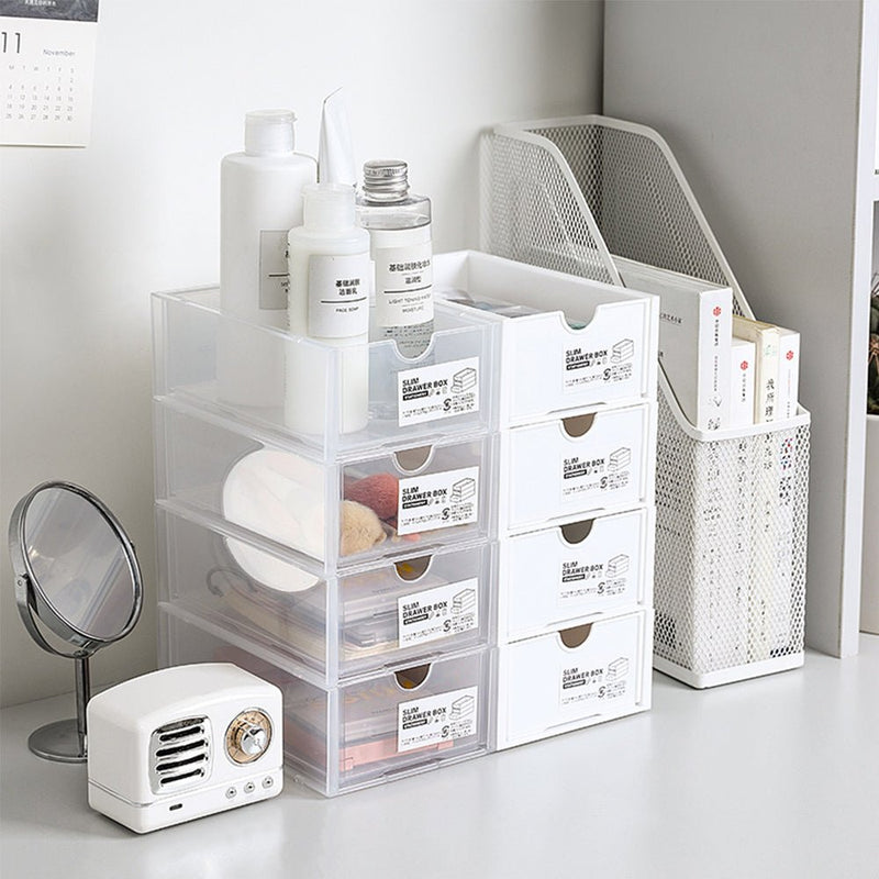 4 Pcs Set Stackable Desktop storage Box Drawer Transparent Plastic Stationery Cosmetic Organizer Box(White) - NuSea