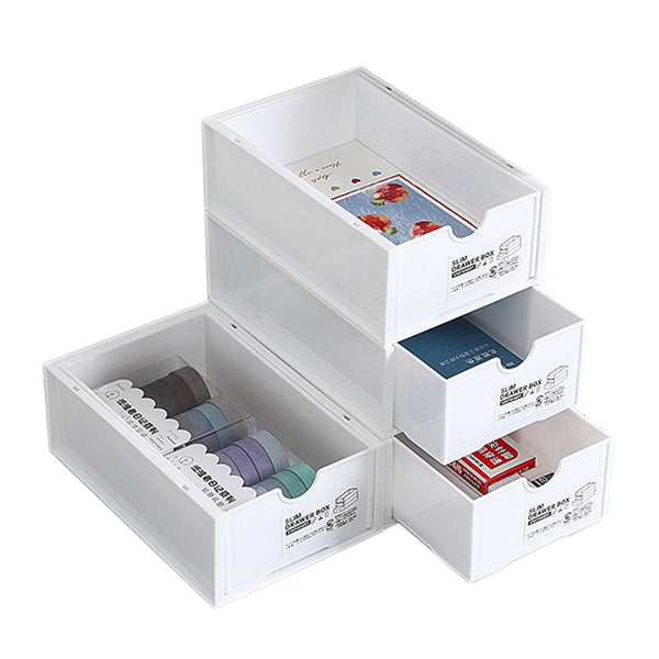 4 Pcs Set Stackable Desktop storage Box Drawer Transparent Plastic Stationery Cosmetic Organizer Box(White) - NuSea