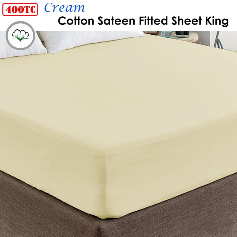 400TC Cream 100% Cotton Sateen Fitted Sheet King - NuSea