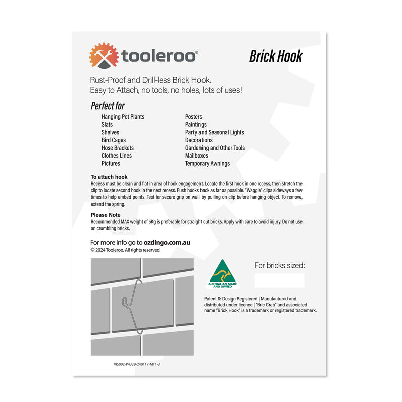 5 Pack 76mm (3") Brick Hooks - Wall Clips Hangers For Pictures Pot Plants - NuSea