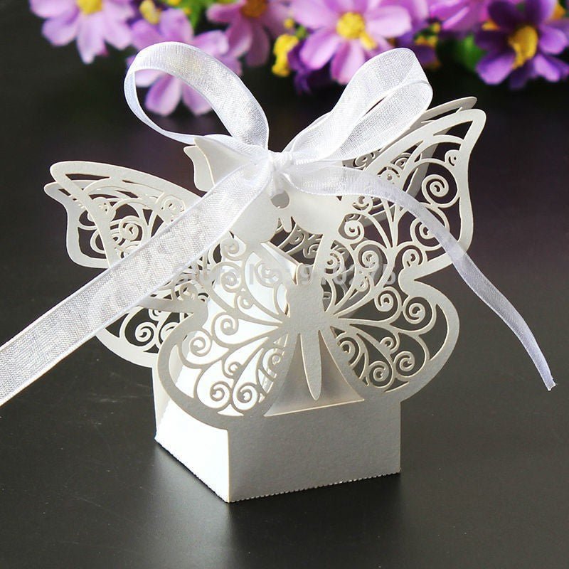 50 Piece Pack - Ivory Cream Butterfly Wedding Engagement Party Bomboniere Favour Lolly Gift Almond Card Box - NuSea