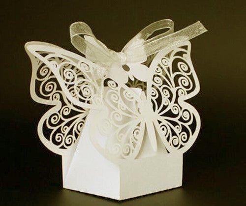 50 Piece Pack - Ivory Cream Butterfly Wedding Engagement Party Bomboniere Favour Lolly Gift Almond Card Box - NuSea