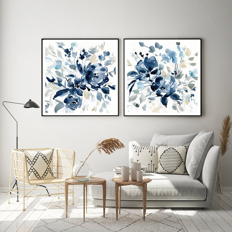 50cmx50cm Indigo Garden By Carol Robinson 2 Sets Black Frame Canvas Wall Art - NuSea