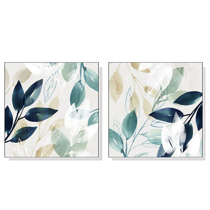 50cmx50cm Watercolour style leaves 2 Sets White Frame Canvas Wall Art - NuSea