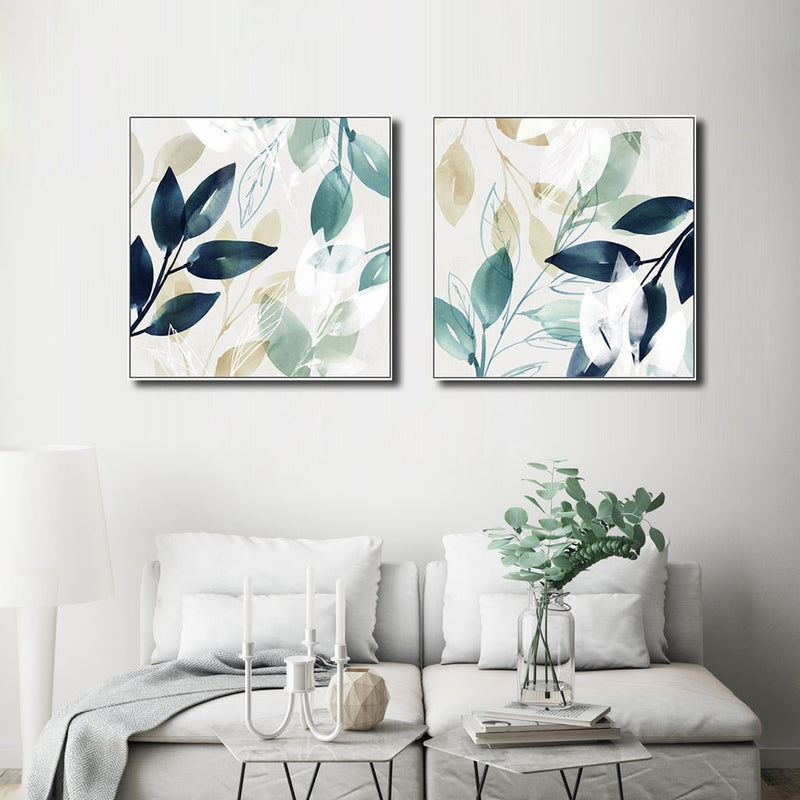 50cmx50cm Watercolour style leaves 2 Sets White Frame Canvas Wall Art - NuSea