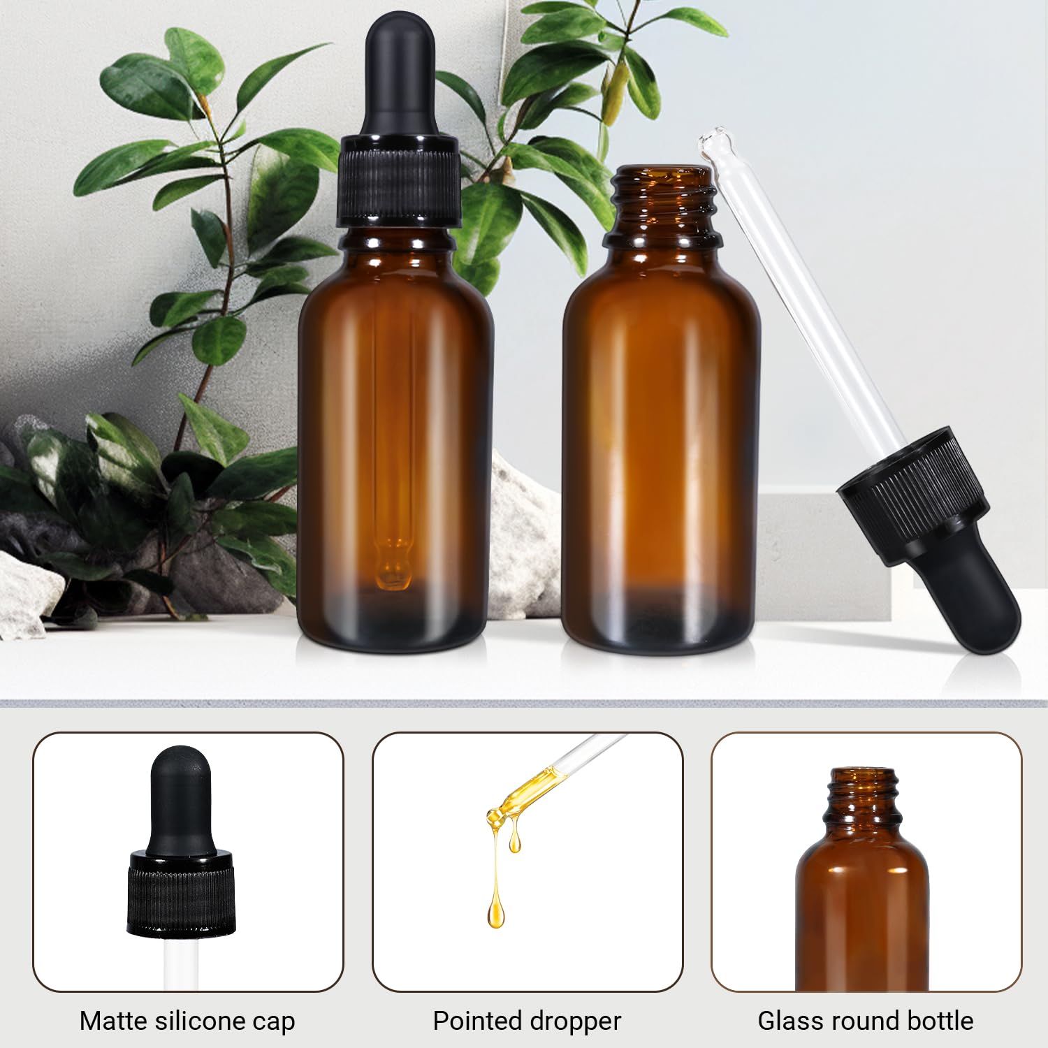 50ml (5 Pack) Amber Glass Dropper Bottle Liquid Essential Oils Bottle Bottles Leakproof Glass Tincture Bottles - NuSea