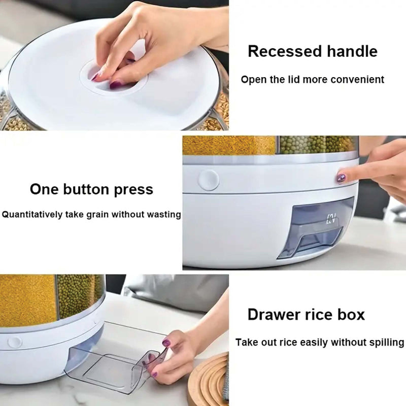 6 Grid Rotating Food Grain Dispenser 3.6L - Compartment Storage Container - NuSea