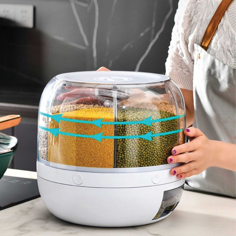 6 Grid Rotating Food Grain Dispenser 7.2L - Large Compartment Storage Container - NuSea