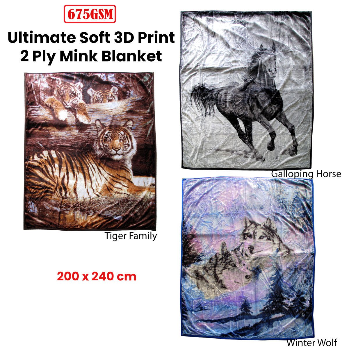675gsm 2 Ply 3D Print Faux Mink Blanket Queen 200x240 cm Winter Wolf - NuSea
