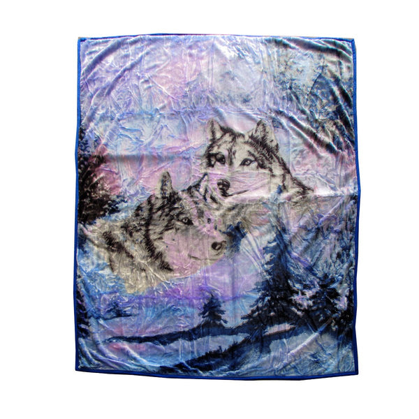 675gsm 2 Ply 3D Print Faux Mink Blanket Queen 200x240 cm Winter Wolf - NuSea