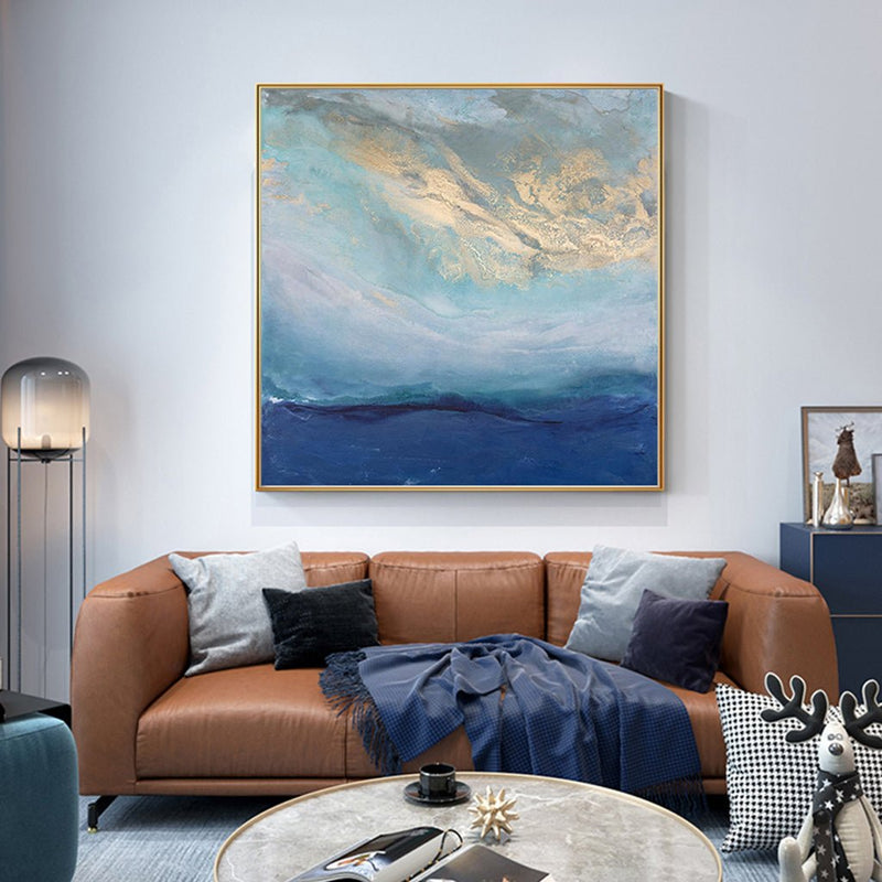 70cmx70cm Abstract gold blue square size Gold Frame Canvas Wall Art - NuSea