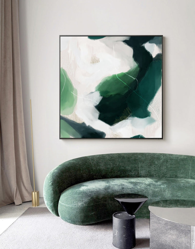 70cmx70cm French Abstract Green Black Frame Canvas Wall Art - NuSea