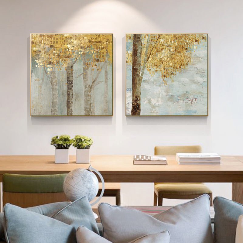 70cmx70cm Golden Leaves 2 Sets Gold Frame Canvas Wall Art - NuSea