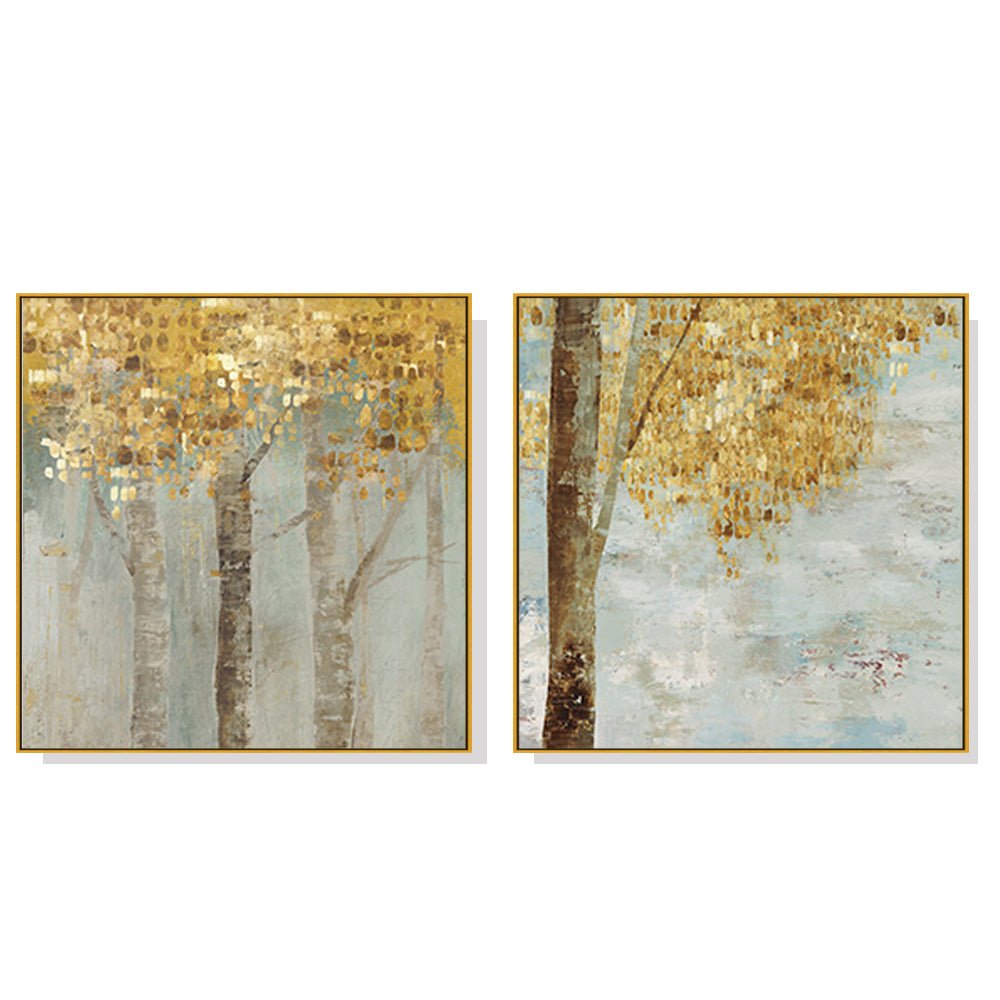 70cmx70cm Golden Leaves 2 Sets Gold Frame Canvas Wall Art - NuSea