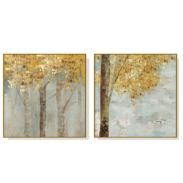 70cmx70cm Golden Leaves 2 Sets Gold Frame Canvas Wall Art - NuSea
