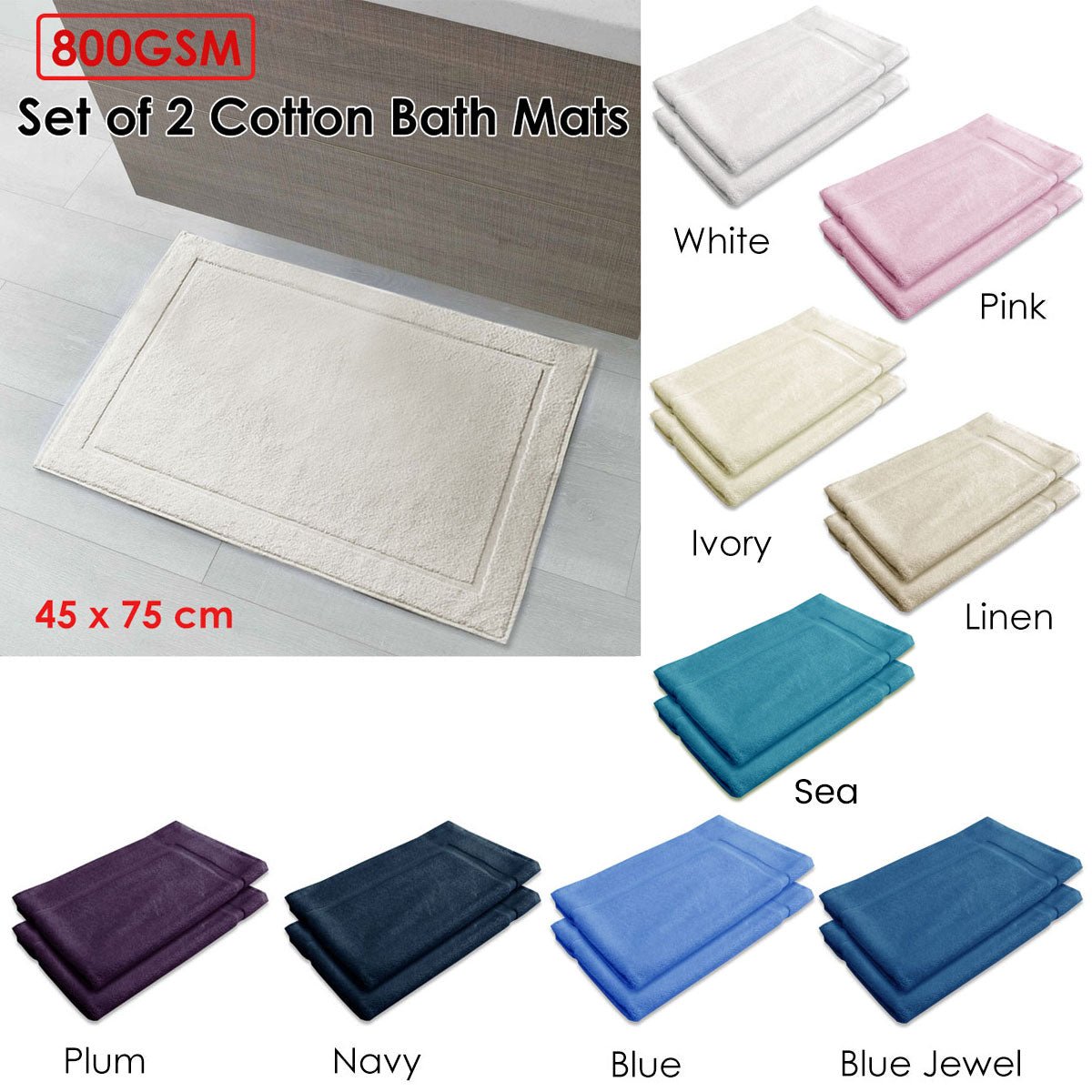 800GSM Set of 2 Cotton Bath Mat Ivory - NuSea