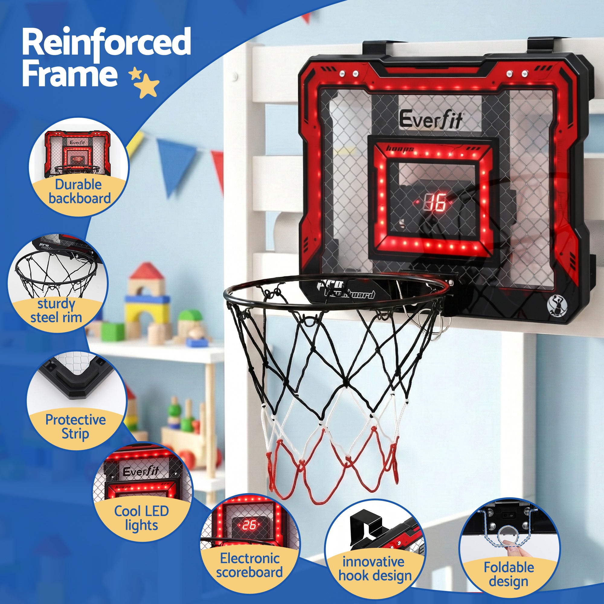 Everfit Mini Basketball Hoop Over Door Indoor LED Scoreboard Kids Set 40x30cm