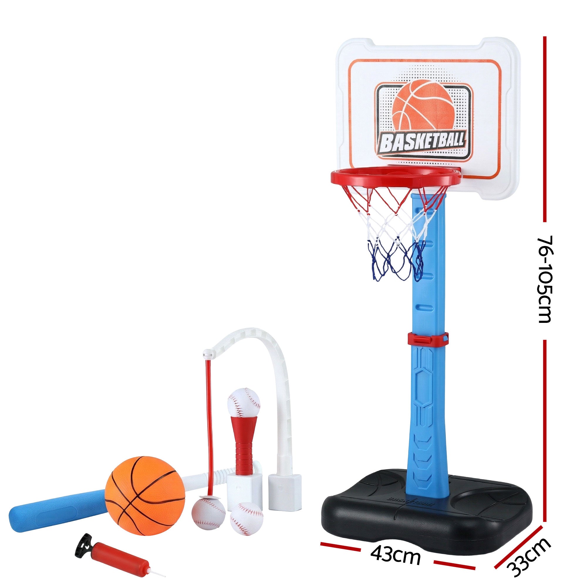 Keezi Kids Basketball Hoop Stand Baseball Set Adjustable Height Sports Toys Blue