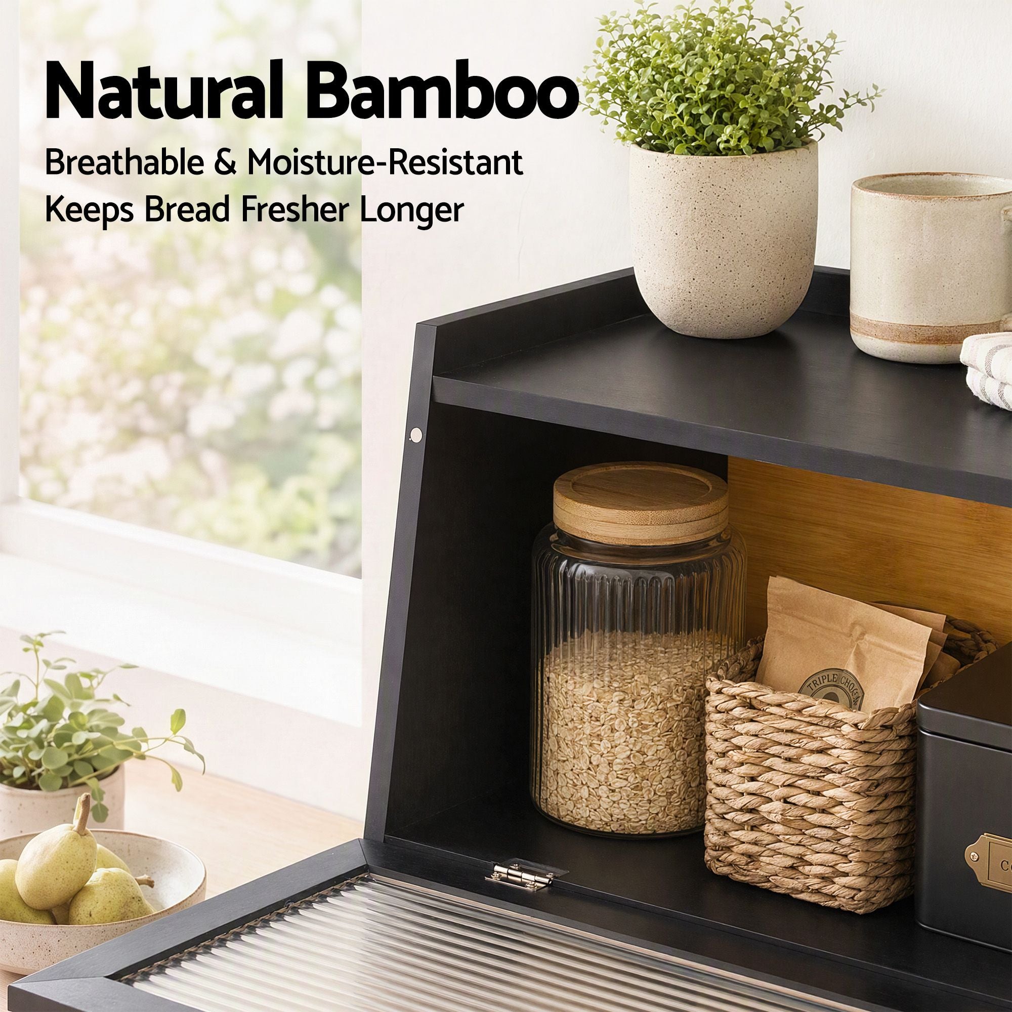 Artiss Bamboo Bread Box Kitchen Countertop Storage Clear Window Shelf 40cm Black
