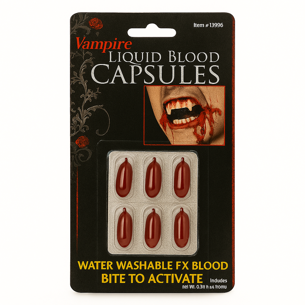 Vampire Liquid Blood Capsules – Halloween Costume FX, Water Washable, 6-Pack
