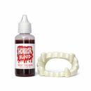 2X Horror Blood and Fangs Costume Pack – Fake Vampire Blood & Plastic Fangs for Halloween, Cosplay & Parties