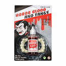 2X Horror Blood and Fangs Costume Pack – Fake Vampire Blood & Plastic Fangs for Halloween, Cosplay & Parties