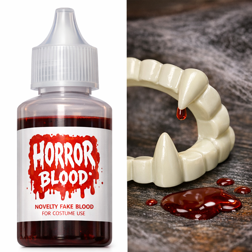 2X Horror Blood and Fangs Costume Pack – Fake Vampire Blood & Plastic Fangs for Halloween, Cosplay & Parties