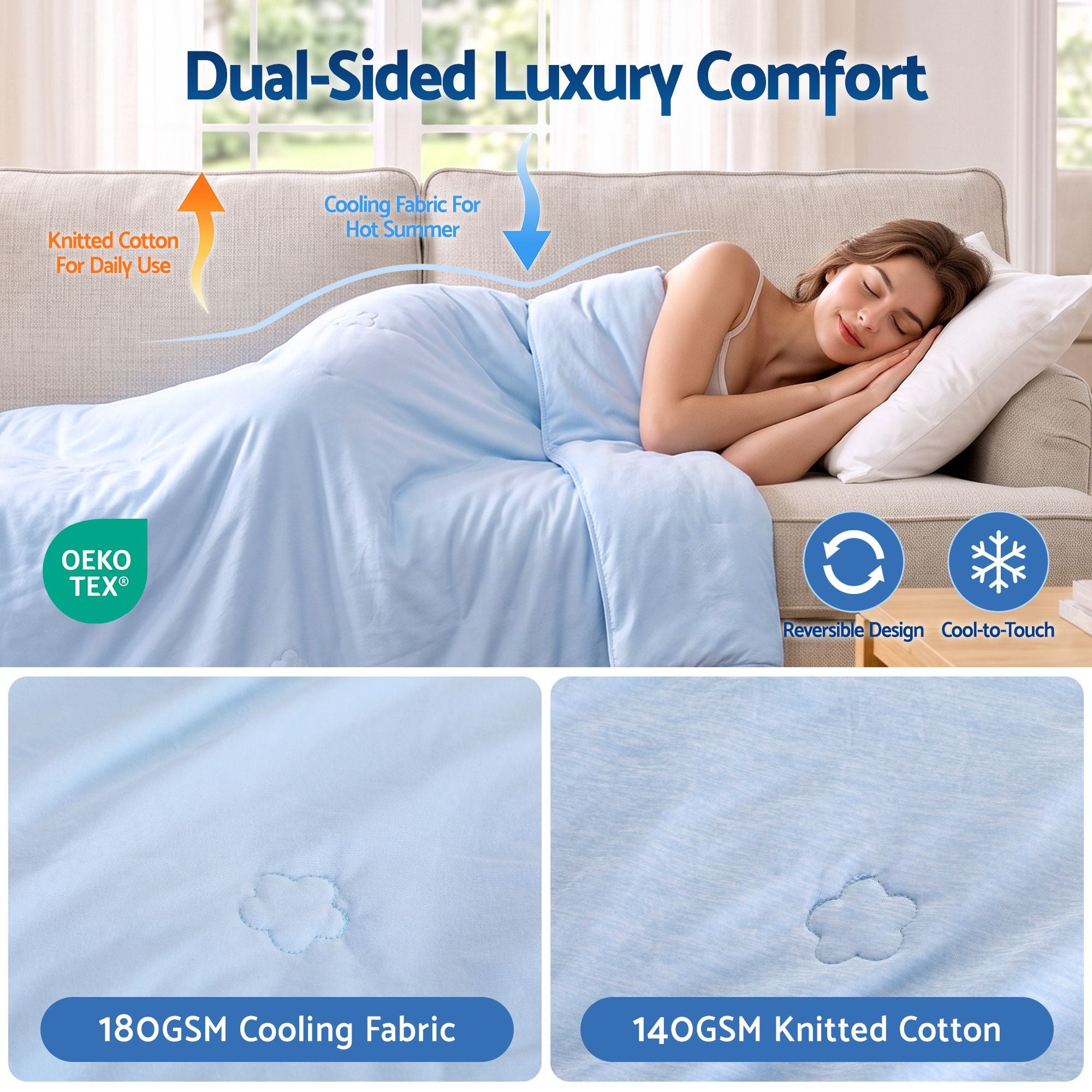 Giselle Cooling Blanket 210cm x 210cm Queen Summer Quilt Sleepers Double Sided