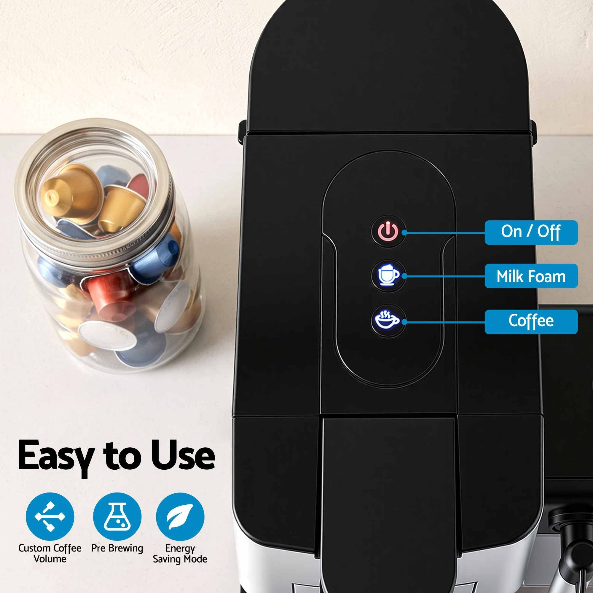 Devanti Capsule Coffee Pod Machine with Milk Frother, Black