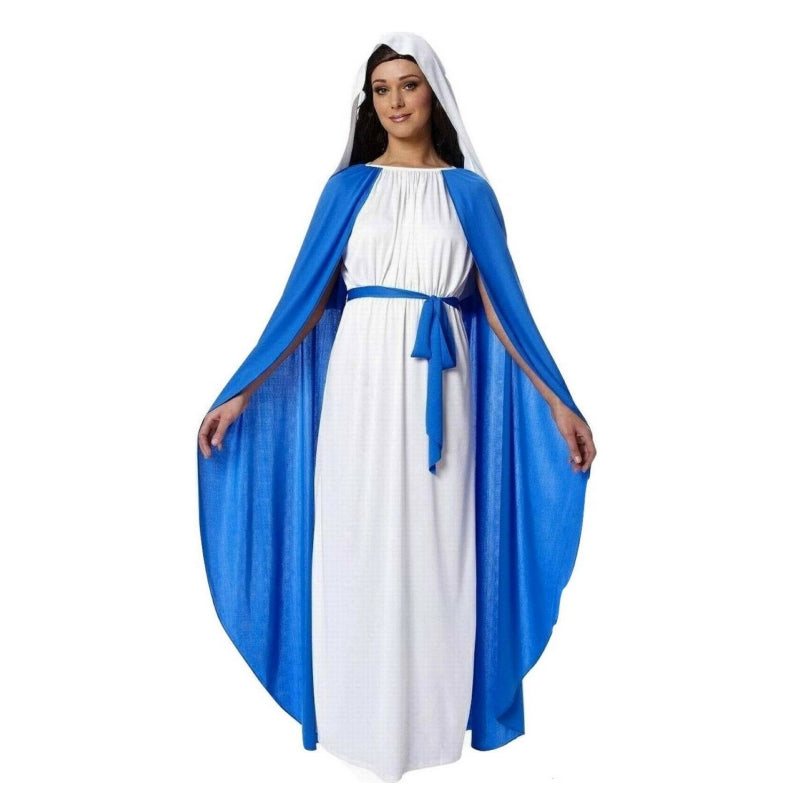 Adult Mary Costume White Dress with Blue Hooded Cape and Waist Tie, Nativity Christmas Biblical Costume
