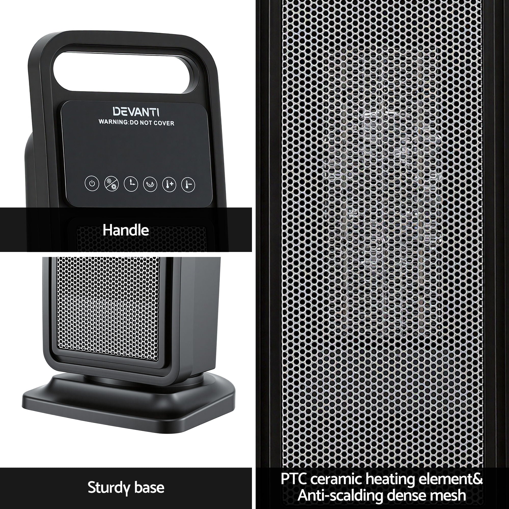 Devanti 2000W Ceramic Tower Heater Space Heaters Indoor Oscillating Black