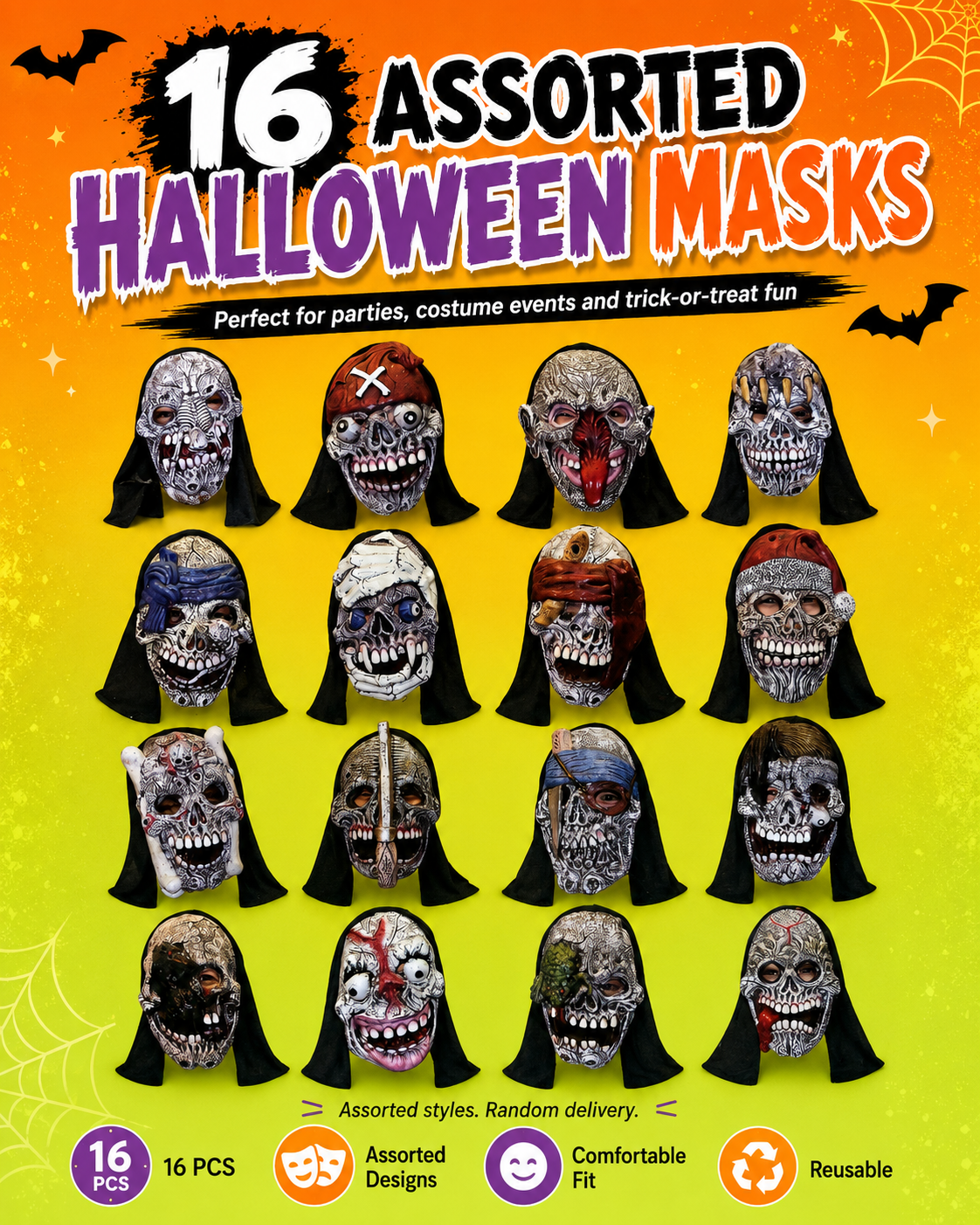 Assorted Halloween Scary Face Masks – 16 Unique Designs for Party & Costume Selection
