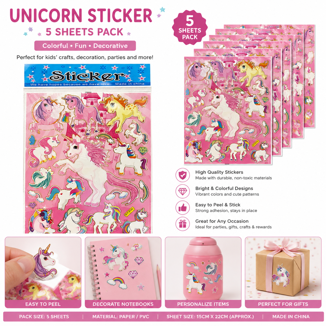 5 Sheets Unicorn Stickers Pack – Colourful Kids Craft, Reward and Decoration Stickers