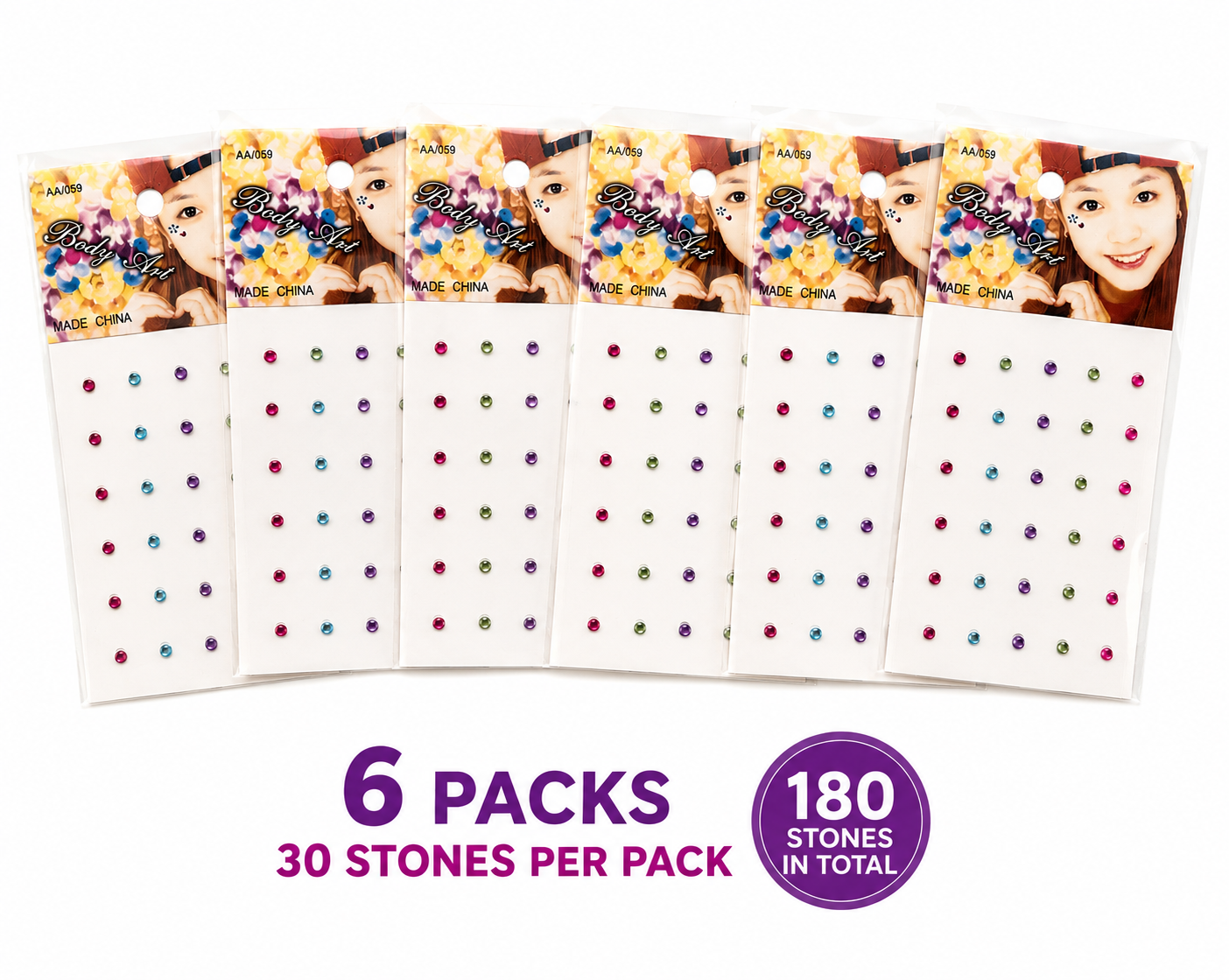 6 Packs Multicolour Body Art Rhinestone Stickers – 180 Self-Adhesive Gems for Face, Nails and Crafts