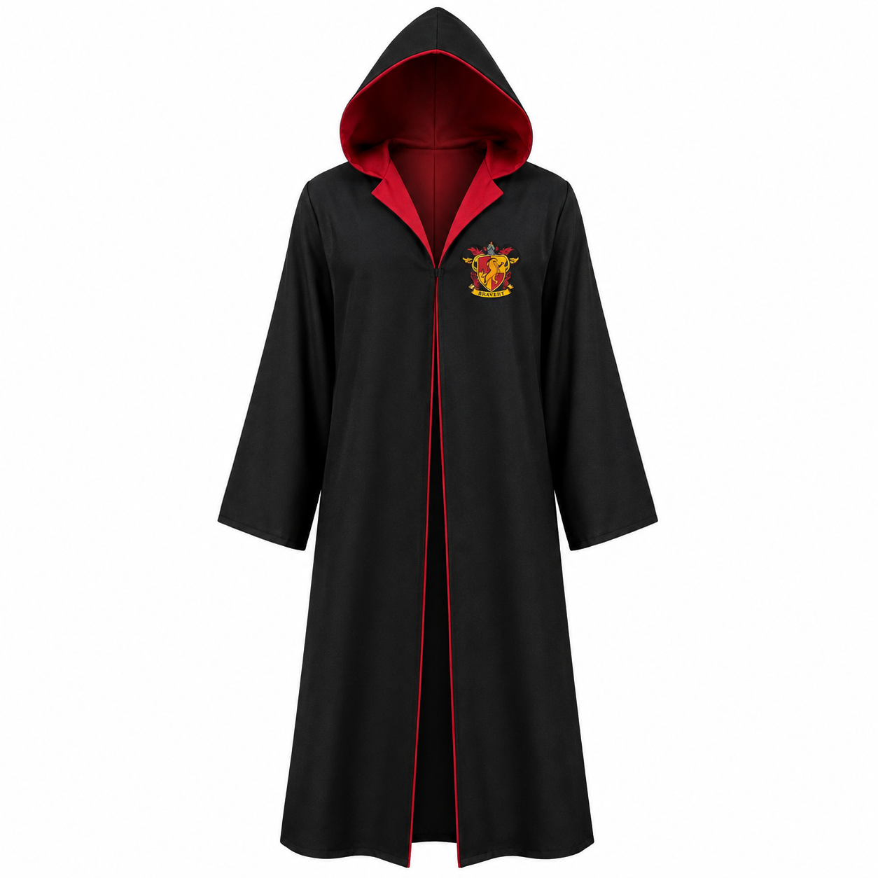 Adult Wizard Robe Costume – Black Hooded Fancy Dress Gown with Red Trim, One Size