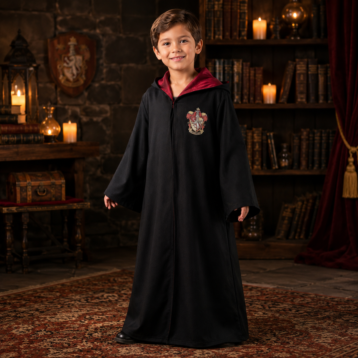Kids’ Wizard Robe Costume – Black Hooded Gown with Burgundy Lining