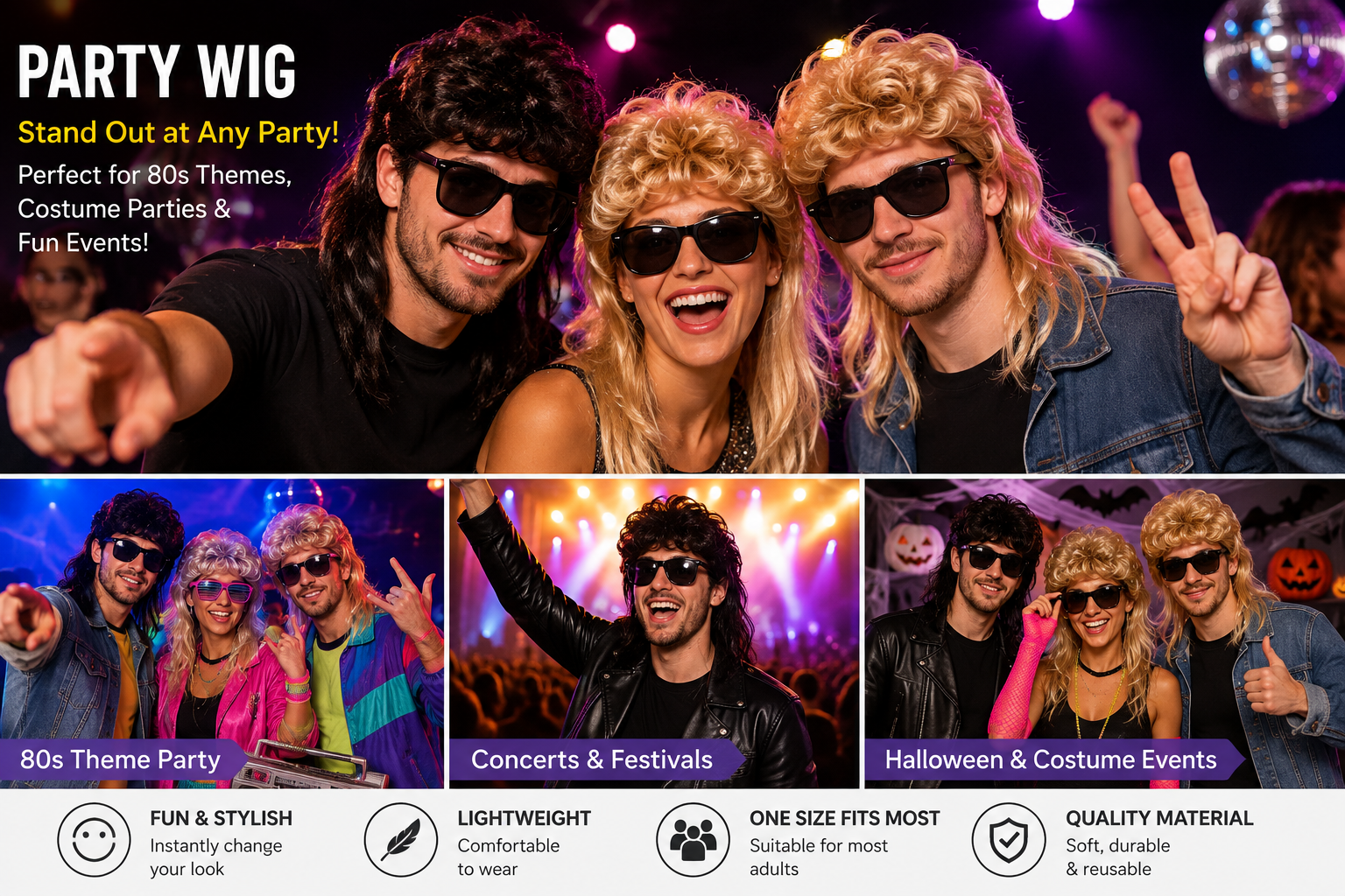 Men’s Retro Mullet Party Wig – Assorted Colours