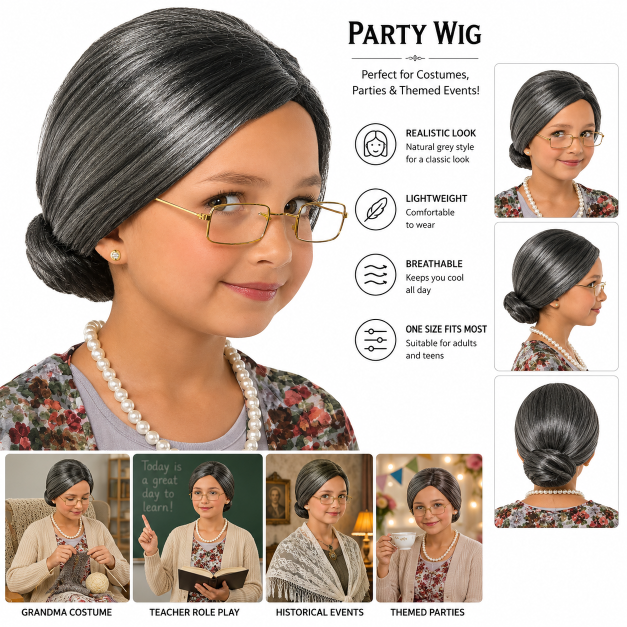Grandma Costume Wig – Grey Black Bun Style Party Wig