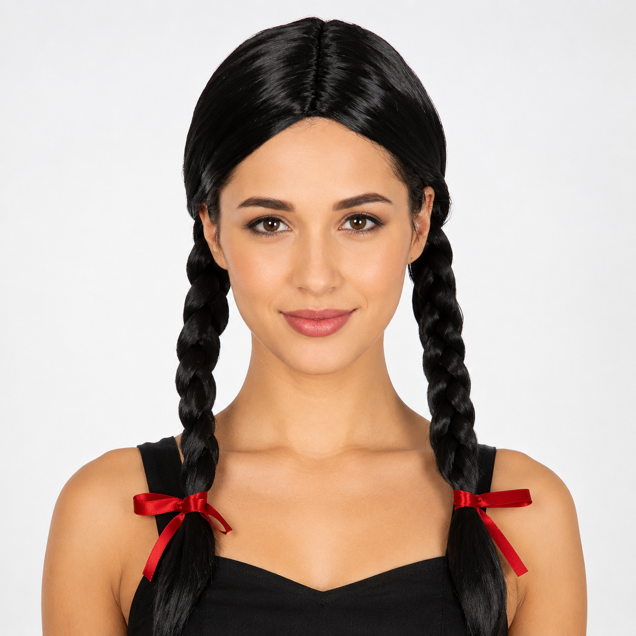 Black Braided Pigtail Party Wig with Red Bows