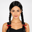 Black Braided Pigtail Party Wig with Red Bows