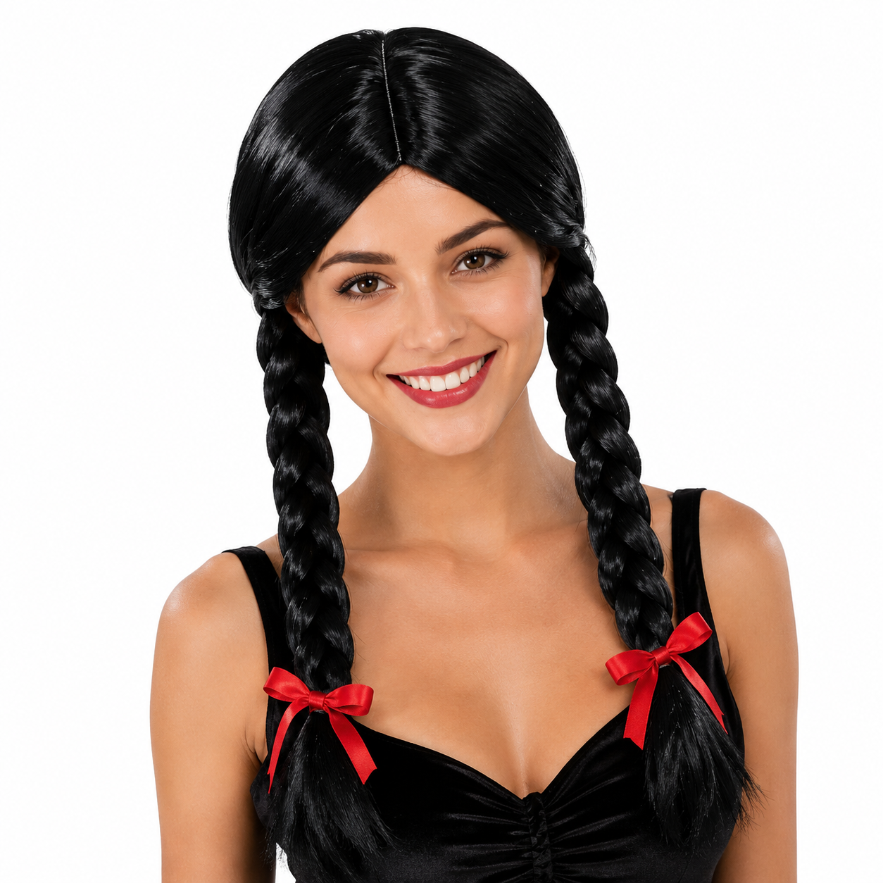 Black Braided Pigtail Party Wig with Red Bows
