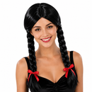 Black Braided Pigtail Party Wig with Red Bows