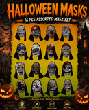 Assorted Halloween Scary Face Masks – 16 Unique Designs for Party & Costume Selection