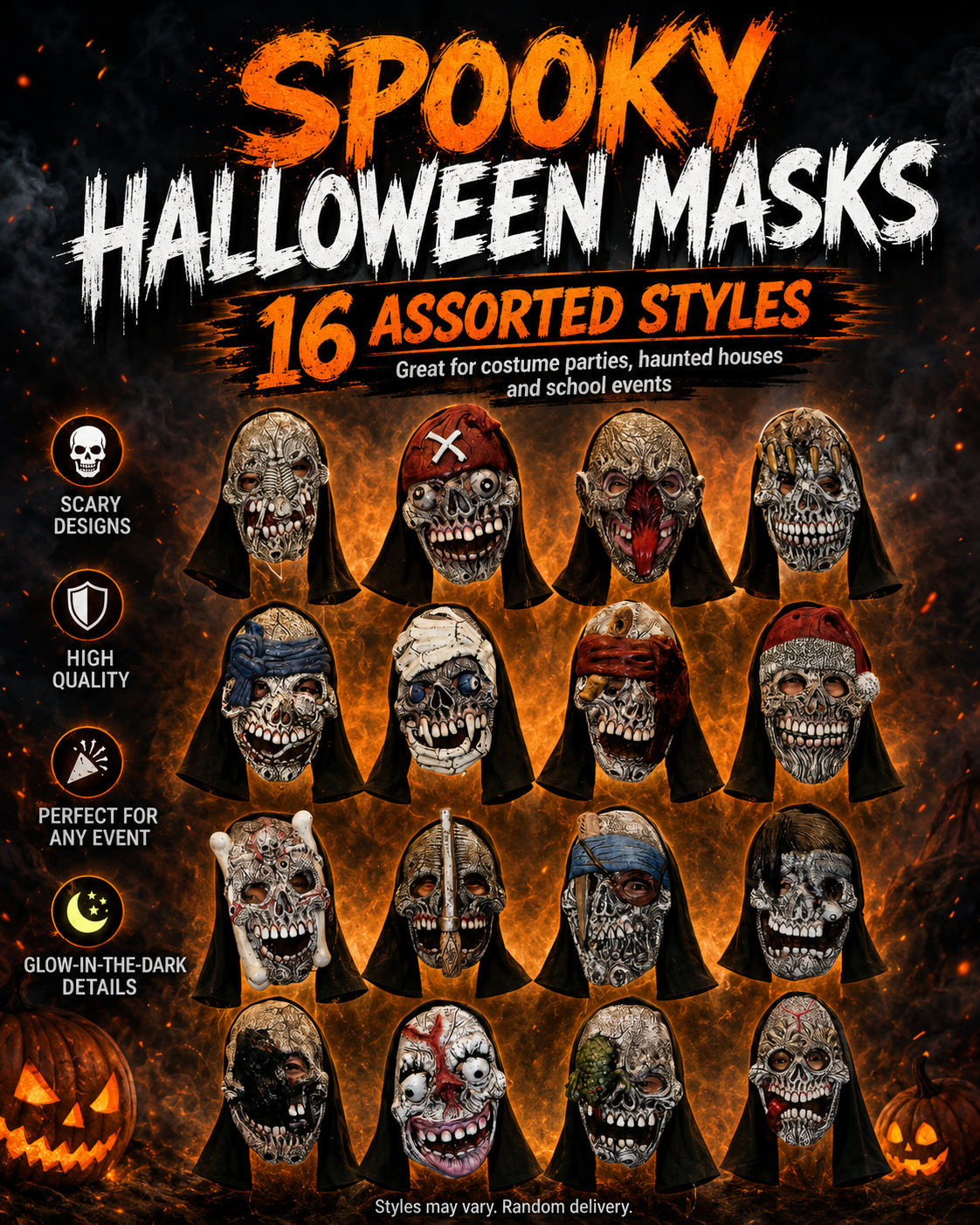 Assorted Halloween Scary Face Masks – 16 Unique Designs for Party & Costume Selection
